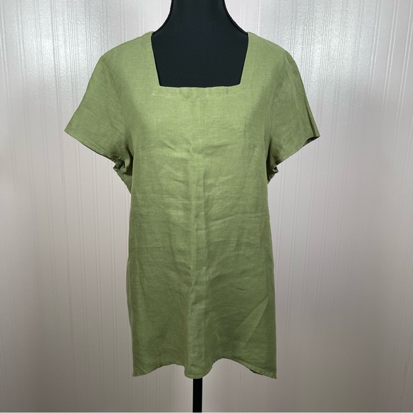 Peck & Peck 100% linen womens short sleeve green blouse square neck Large top - Picture 1 of 6